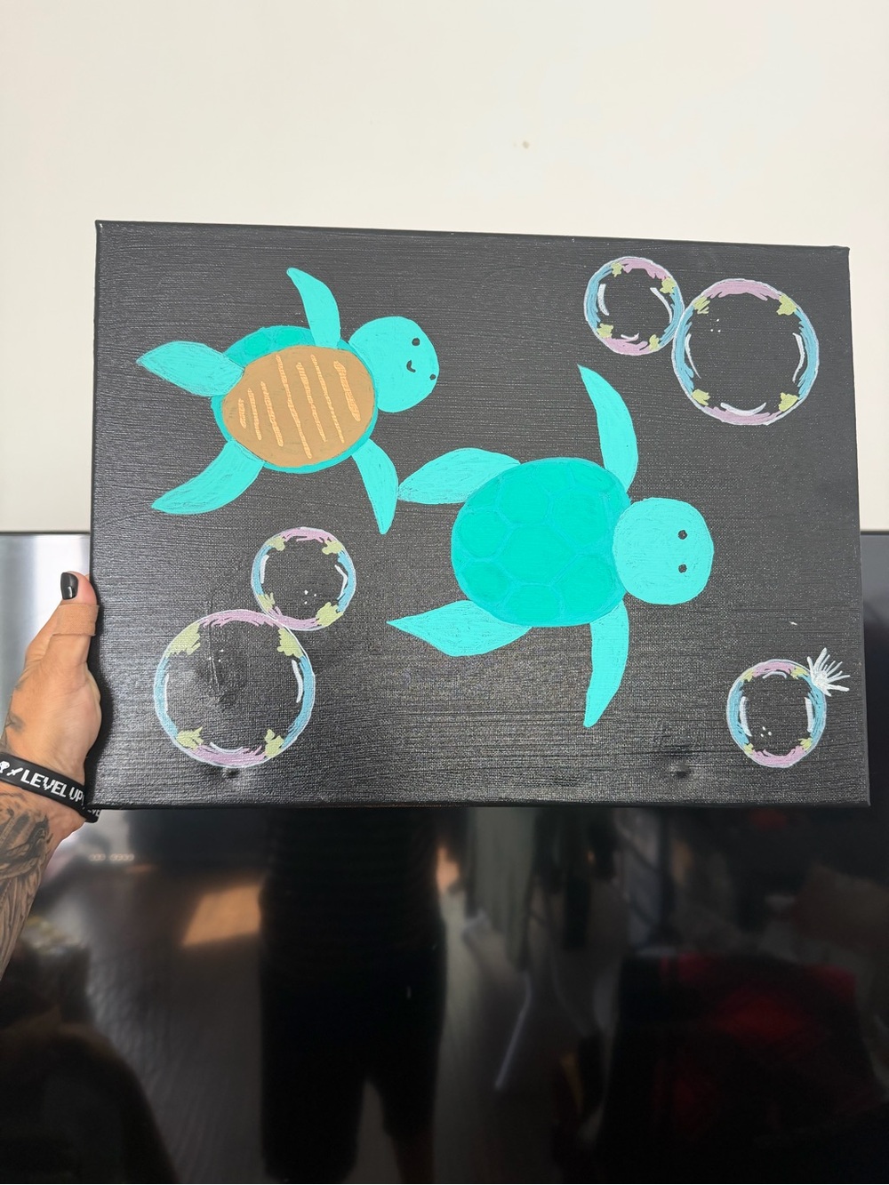Turquoise Sea Turtle Canvas Painting with Bubbles
